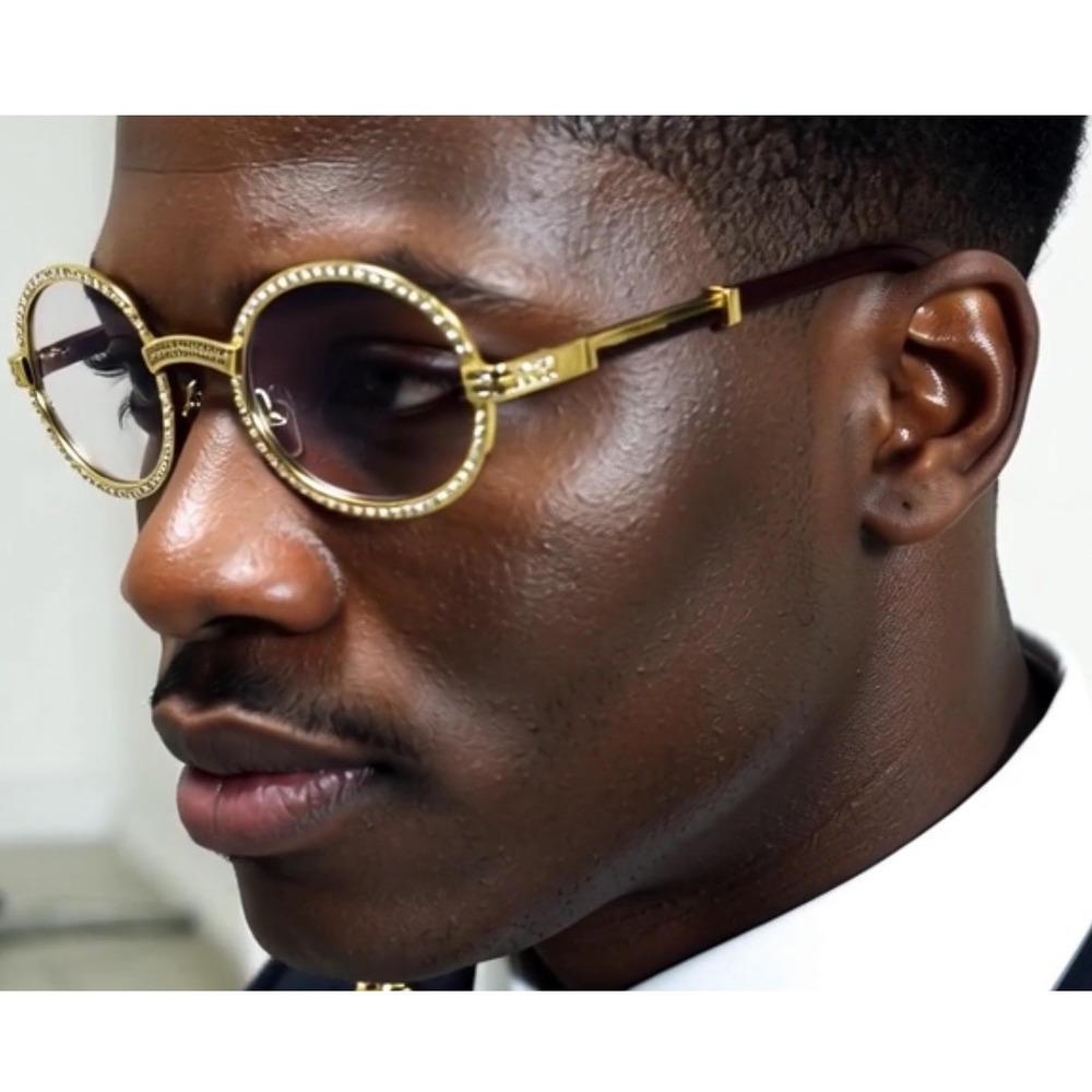 Rhinestone Glasses Oval Clear Lens Gold Frame Wood‎ Arm Fashion Eyewear Lentes